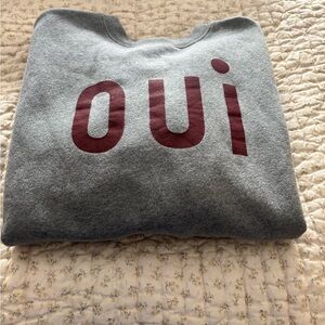 Clare V Gray Crewneck Sweater with Burgundy Lettering Oui